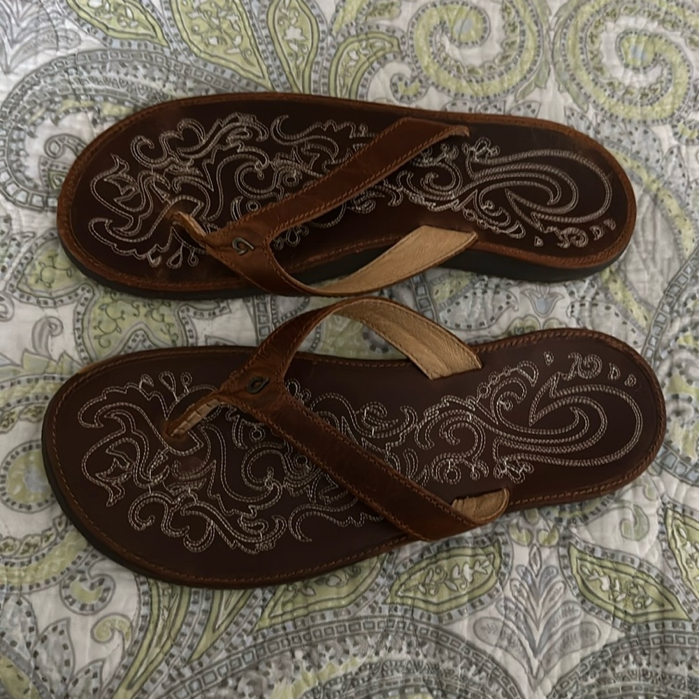 Sandals worn 1 or 2 times. One blemish on left front see photo. Very minor.